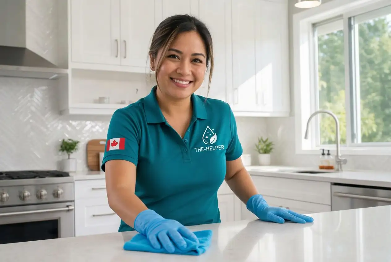 A Helper cleaning a bright kitchen counter