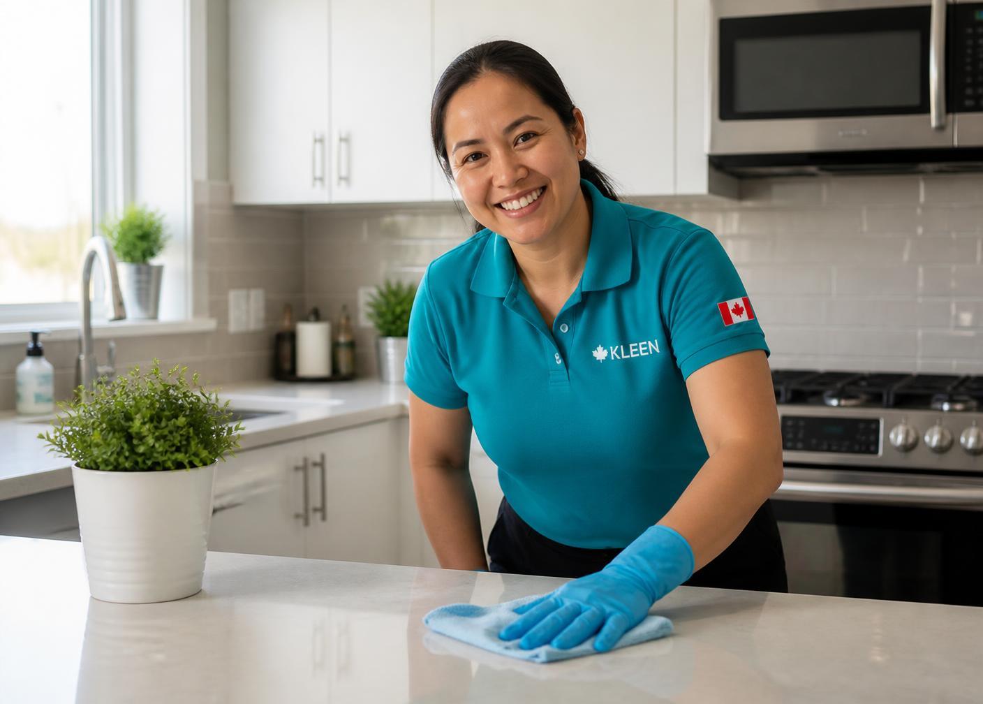 Helper detailing a spotless kitchen counter