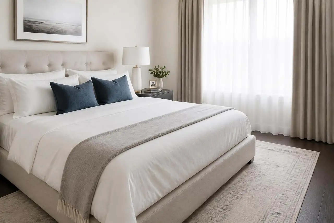 Freshly made bedroom with crisp linens