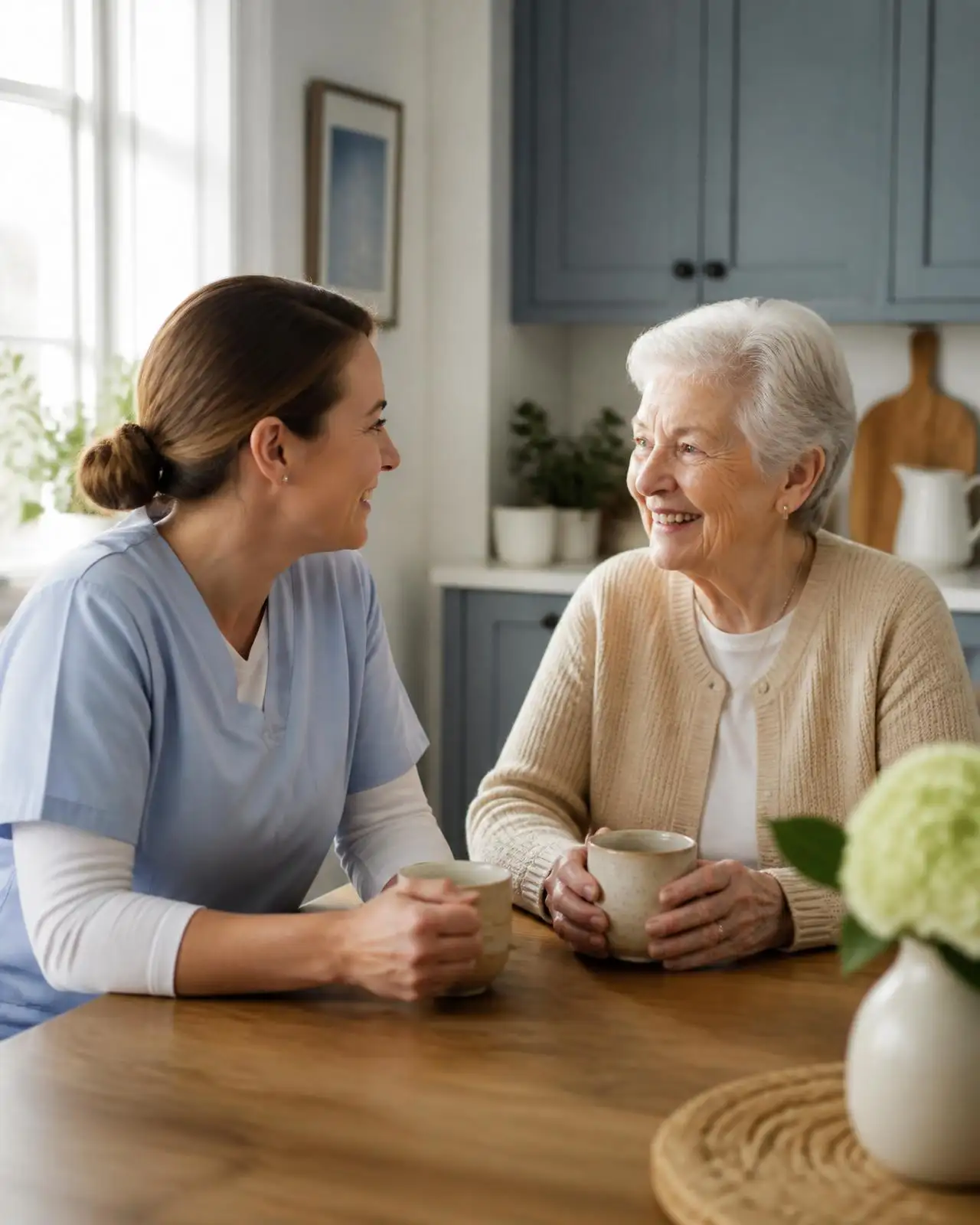 A caregiver sharing tea with a senior client at home in Prince George