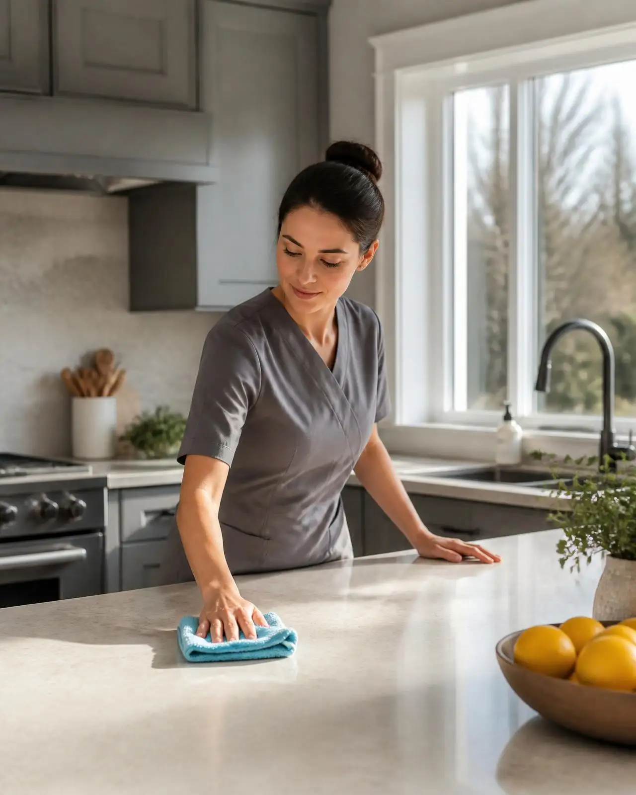 A Helper cleaner polishing a bright kitchen counter in Prince George